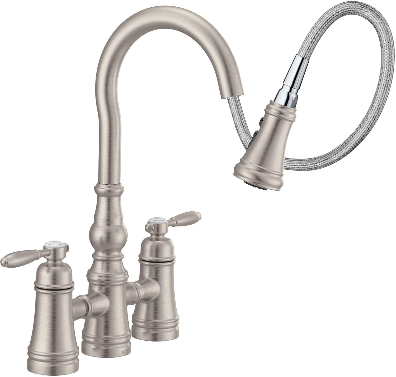 image:imageMoen Weymouth Matte Black Two Handle Pulldown Bridge Kitchen Faucet S73204BLSpot Resist Stainless