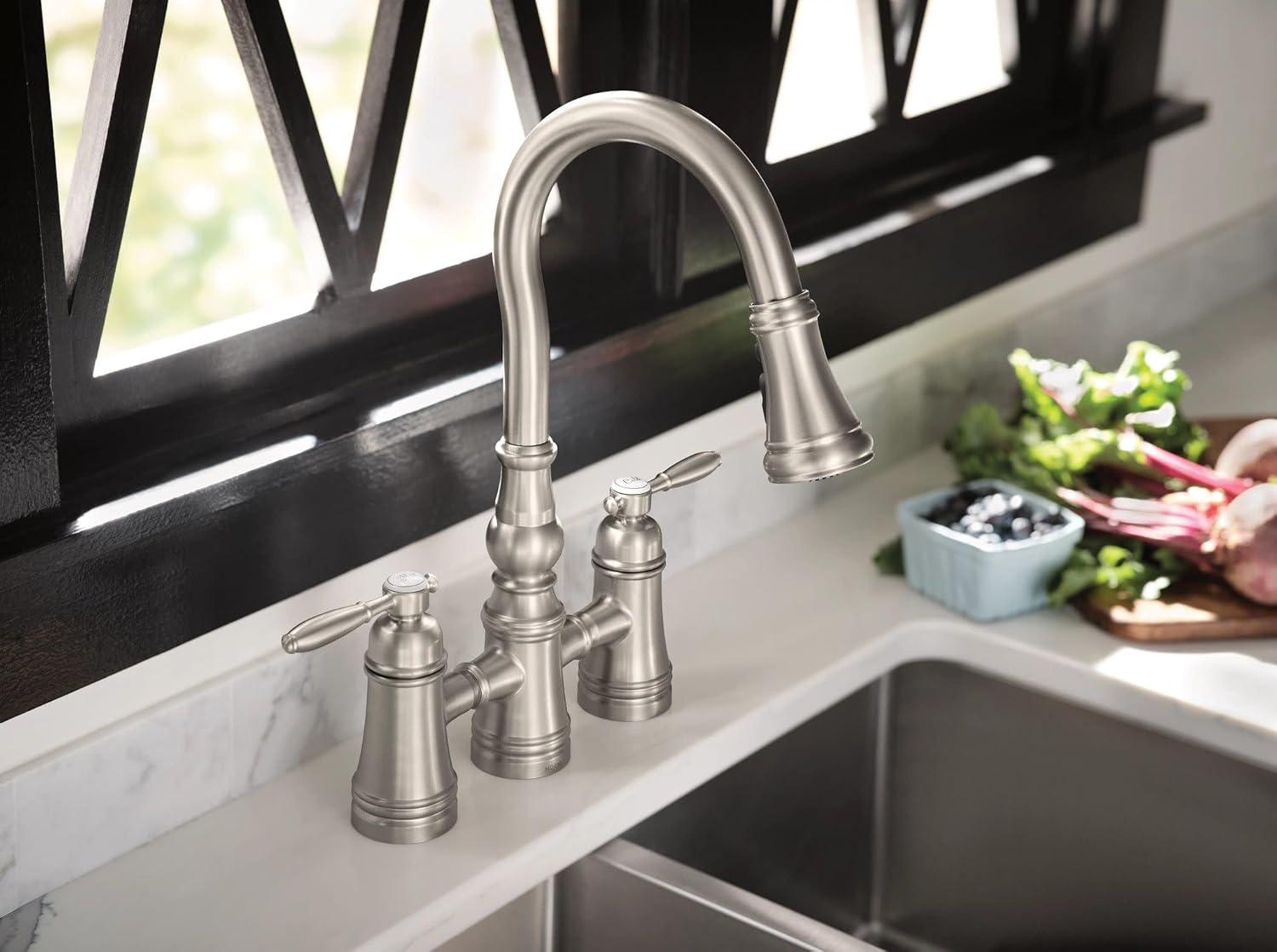 image:imageMoen Weymouth Matte Black Two Handle Pulldown Bridge Kitchen Faucet S73204BLSpot Resist Stainless
