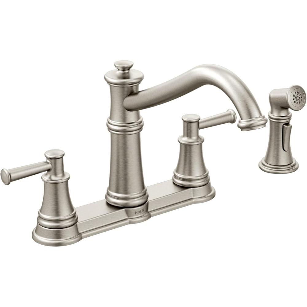 image:imageMoen 7255BL Belfield Traditional Two Handle High Arc Kitchen Faucet with Side Spray Matte BlackStainless Steel
