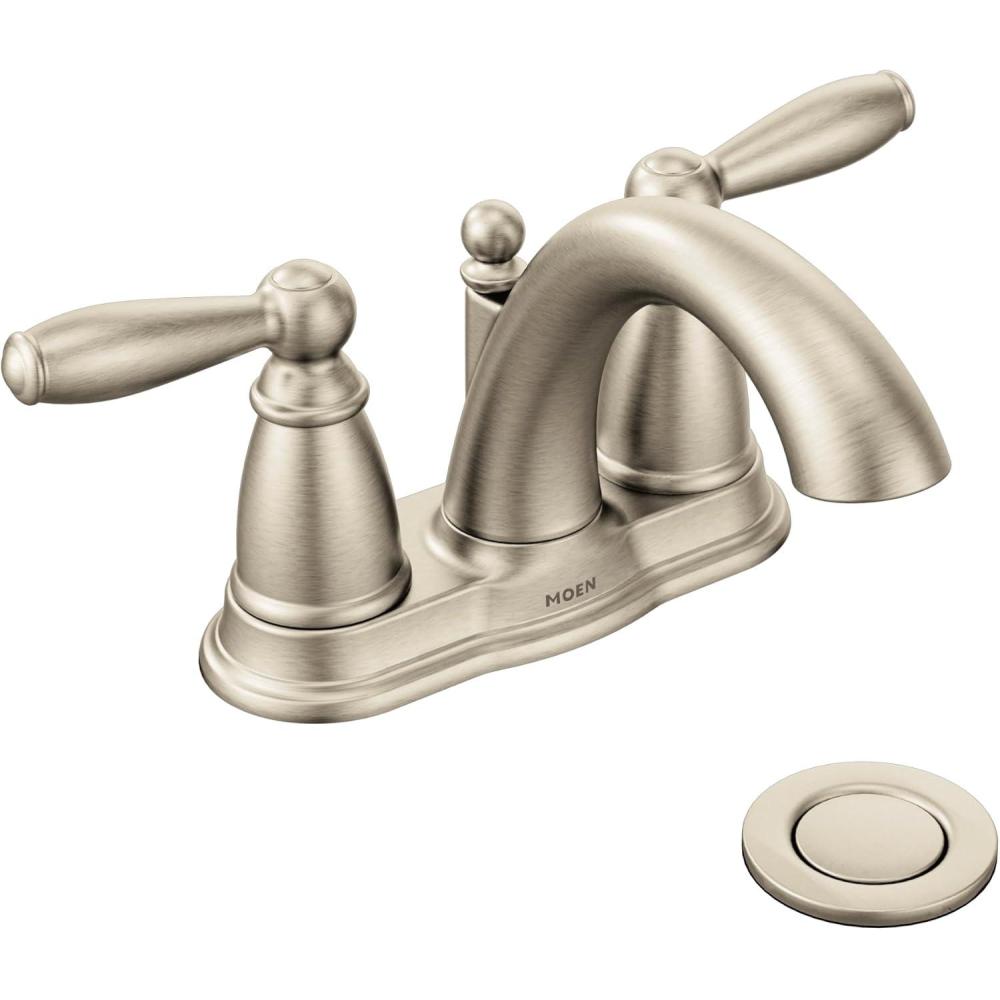image:imageMoen Brantford OilRubbed Bronze TwoHandle LowArc Traditional Centerset Bathroom Faucet with Drain Assembly 6610ORBBrushed Nickel