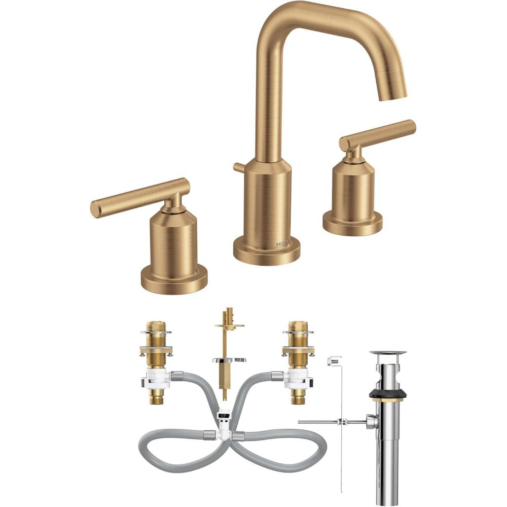 image:imageMoen Gibson TwoHandle High Arc Widespread Modern Bathroom Sink Faucet for 3Hole Setups with Valve Included Brushed Nickel TV6142BNBronzed Gold
