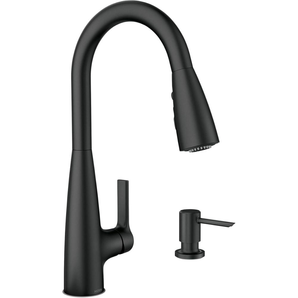 image:imageMoen Haelyn Spot Resist Stainless SingleHandle PullDown Sprayer Kitchen Faucet with an LED Light ColorCue Temperature Indicator and Soap Dispenser 87627EISRSMatte Black