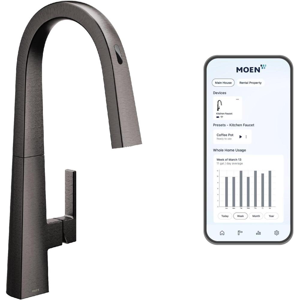 image:imageMoen Nio Black Stainless Smart Faucet Touchless Modern Kitchen Faucet with Pull Down Sprayer Voice Control and Power Boost OneHandle Easy Installation S75005EVBLS