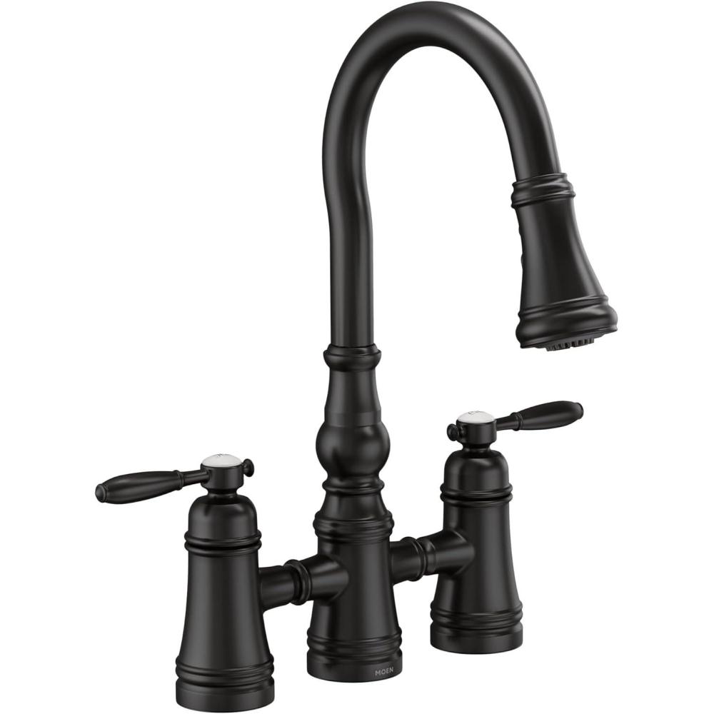 image:imageMoen Weymouth Matte Black Two Handle Pulldown Bridge Kitchen Faucet S73204BLMatte Black