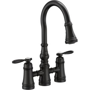 Moen Weymouth Matte Black Two Handle Pulldown Bridge Kitchen Faucet, S73204BL(Matte Black)
