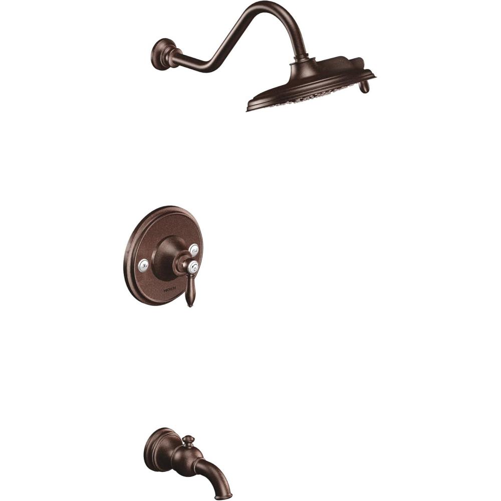 image:imageMoen TS32104BG Weymouth PosiTemp Tub and Shower Trim Kit Valve Required including 9Inch 2Spray Rainshower Brushed GoldOil Rubbed Bronze