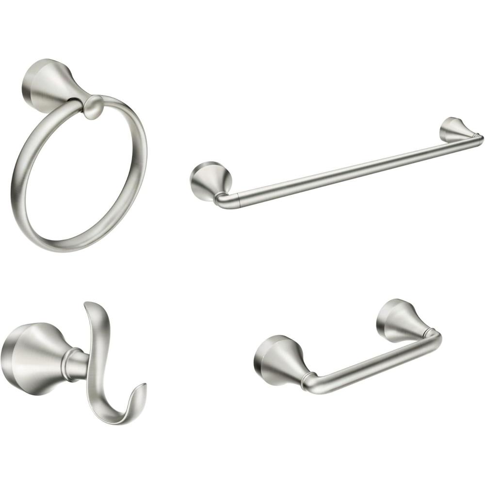 image:imageMoen Wellton Brushed Nickel 4Piece Bathroom Accessory Collection Includes Towel Ring Robe Hook Towel Bar and Pivoting Toilet Paper Holder Y1394BN