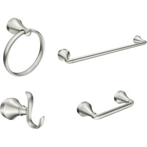 Moen Wellton Brushed Nickel 4-Piece Bathroom Accessory Collection, Includes Towel Ring, Robe Hook, Towel Bar, and Pivoting Toilet Paper Holder, Y1394BN
