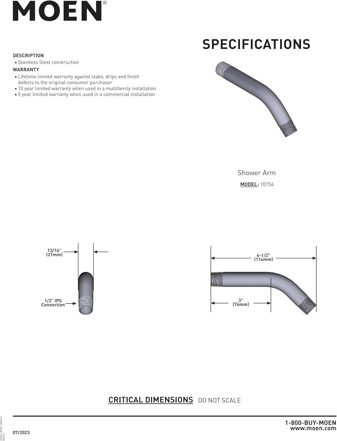 image:imageMoen Shower Arm With 12Inch IPS Connections 6Inch Brushed Nickel 10154BN