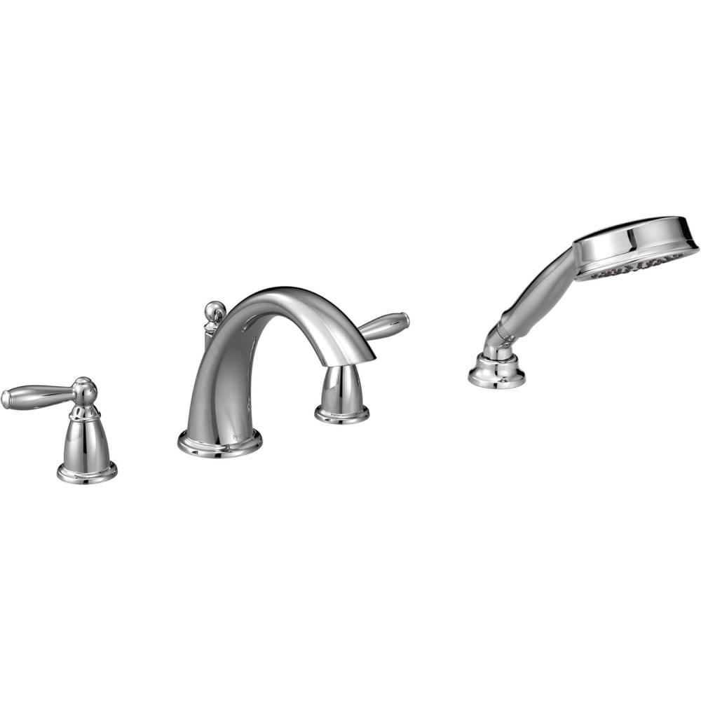 image:imageMoen Brantford brushed Nickel TwoHandle Deck Mount Roman Tub Faucet Trim Kit with Single Function Handshower Valve Required T924BNChrome