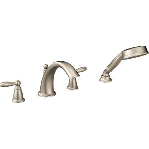 Moen Brantford brushed Nickel Two-Handle Deck Mount Roman Tub Faucet Trim Kit with Single Function Handshower, Valve Required, T924BN(Brushed Nickel)