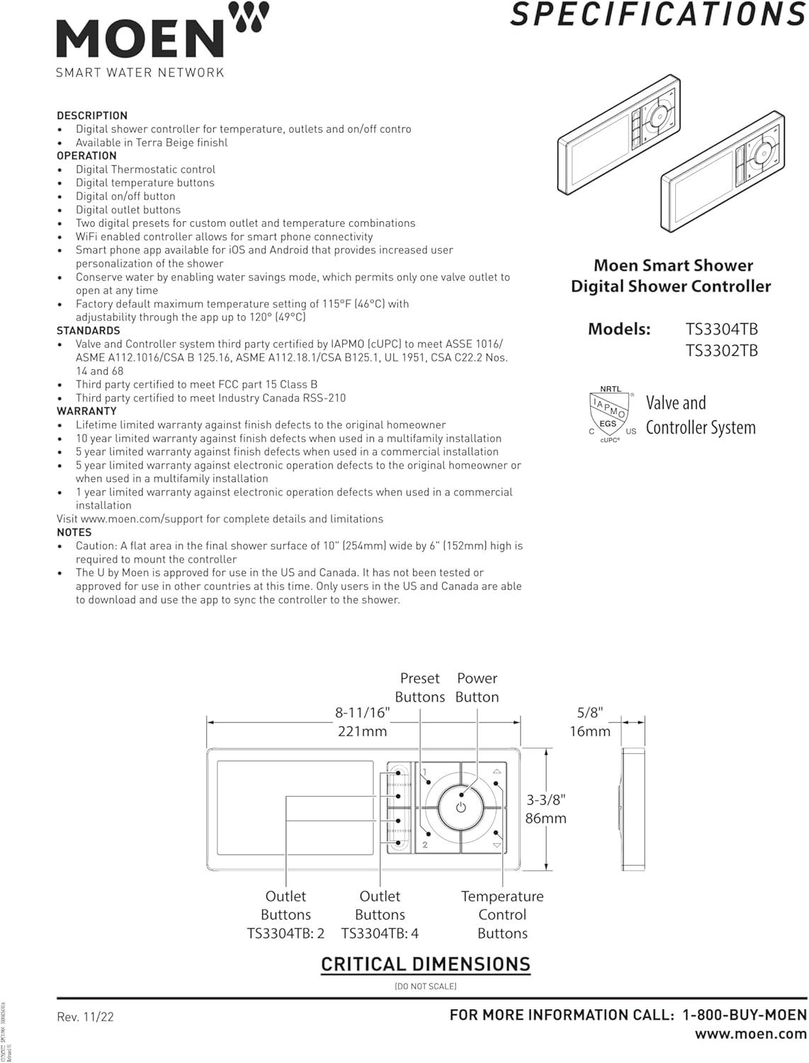 image:imageMoen Terra Beige Smart Shower 2Outlet Digital Water System Controller for Thermostatic Shower Valve TS3302TBTerra Beige