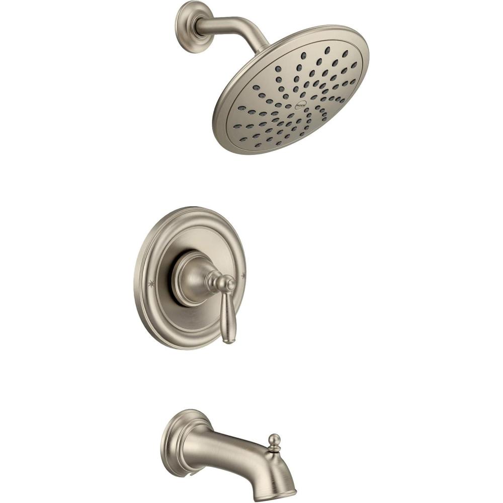image:imageMoen Brantford Brushed Nickel PosiTemp Tub and Shower Trim Kit Including 8Inch Wide EcoPerformance Rain Showerhead Lever Handle and Tub Spout Valve Required T2253EPBNBrushed Nickel