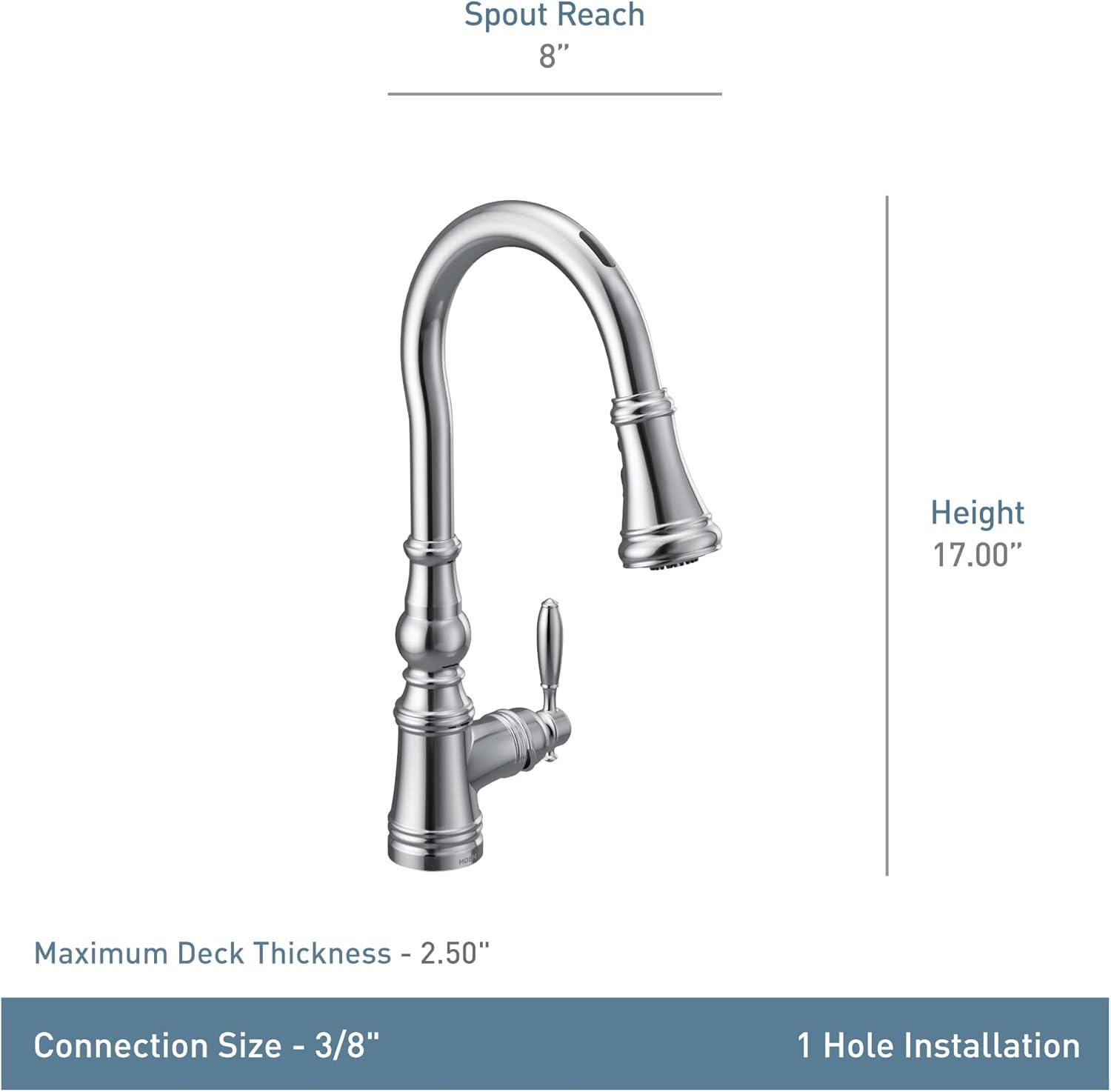 image:imageMoen Weymouth Chrome Smart Faucet Touchless Pull Down Sprayer Kitchen Faucet with Voice Control and Power Boost S73004EVCChrome