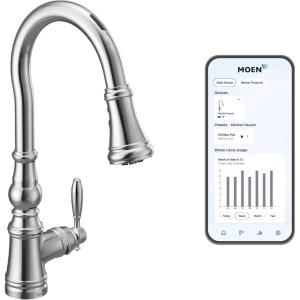 Moen Weymouth Chrome Smart Faucet Touchless Pull Down Sprayer Kitchen Faucet with Voice Control and Power Boost, S73004EVC(Chrome)