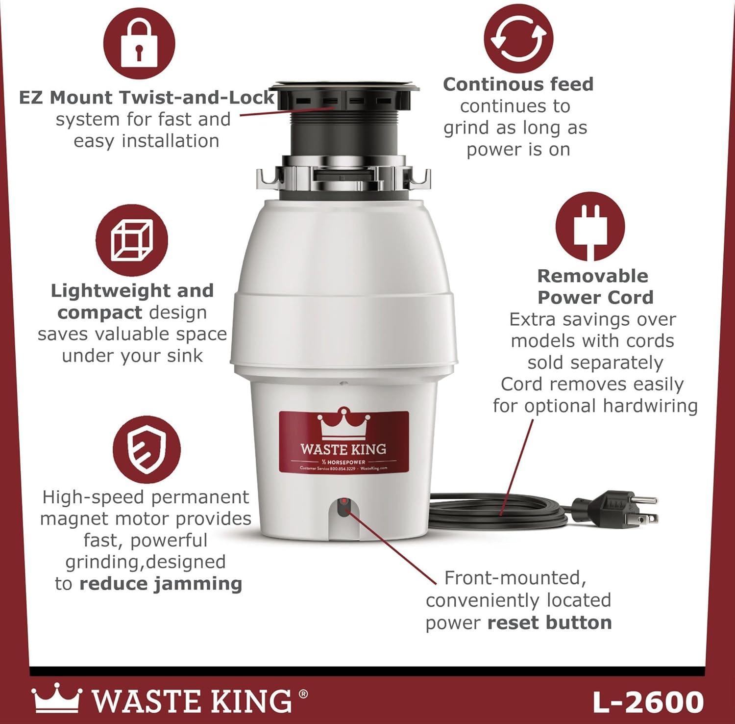 image:imageWaste King Legend Series Continuous Feed Garbage Disposal for Kitchen Sink with Power Cord L260012 HP Continuous Feed
