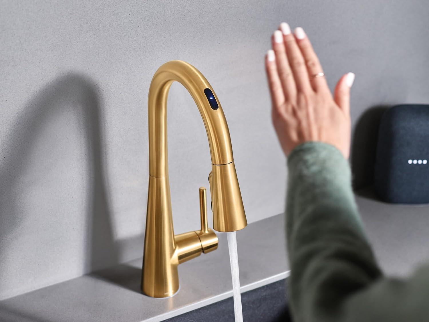 image:imageMoen 7864EVBG Sleek Smart Faucet Touchless Pull Down Sprayer Kitchen Faucet with Voice Control and Power Boost Brushed Gold