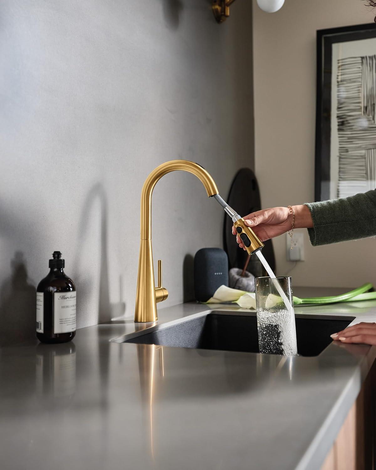 image:imageMoen 7864EVBG Sleek Smart Faucet Touchless Pull Down Sprayer Kitchen Faucet with Voice Control and Power Boost Brushed Gold