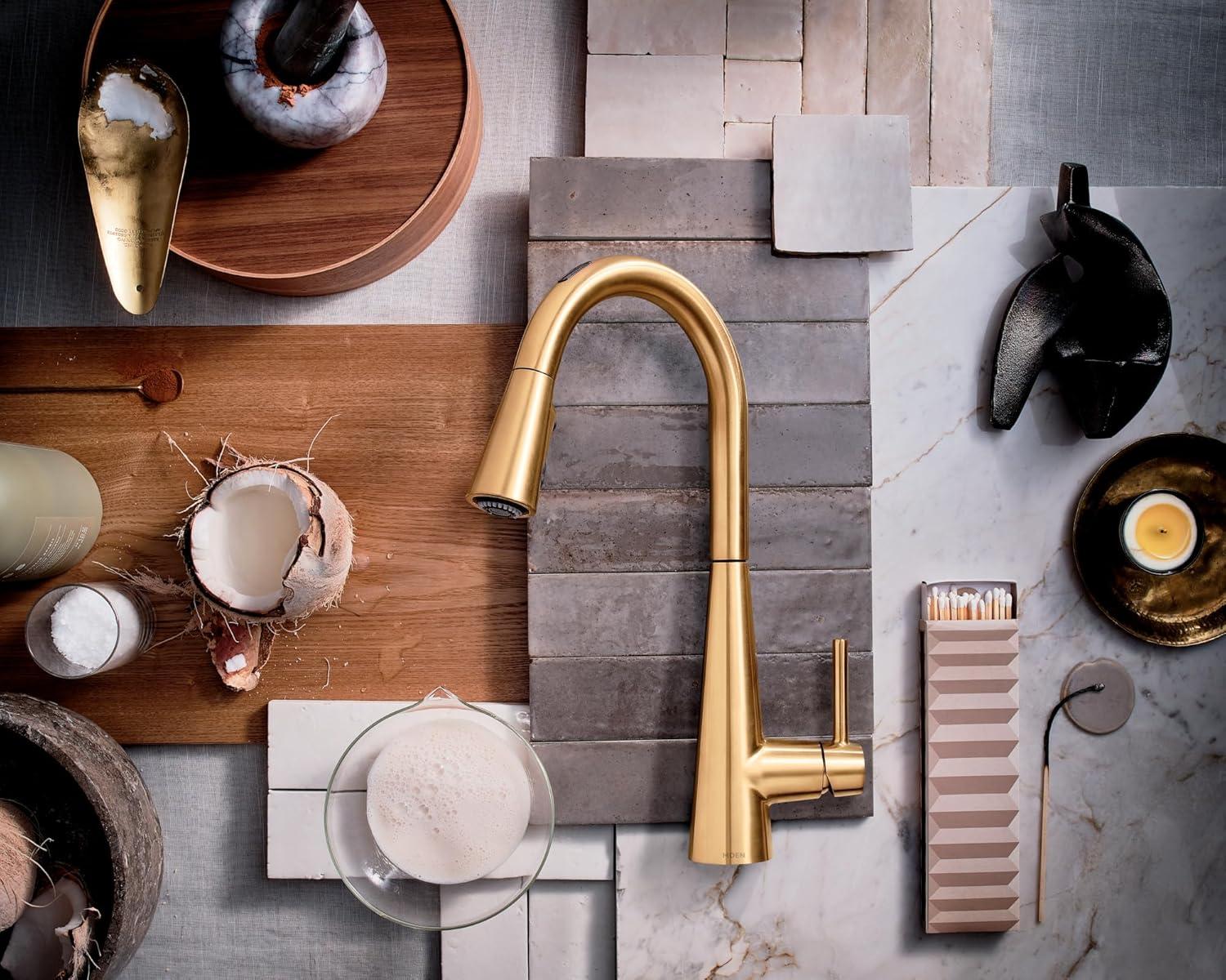 image:imageMoen 7864EVBG Sleek Smart Faucet Touchless Pull Down Sprayer Kitchen Faucet with Voice Control and Power Boost Brushed Gold