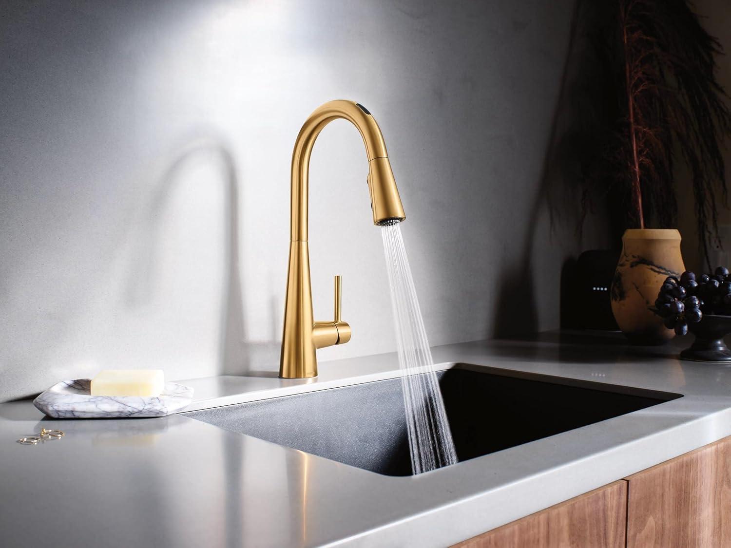 image:imageMoen 7864EVBG Sleek Smart Faucet Touchless Pull Down Sprayer Kitchen Faucet with Voice Control and Power Boost Brushed Gold