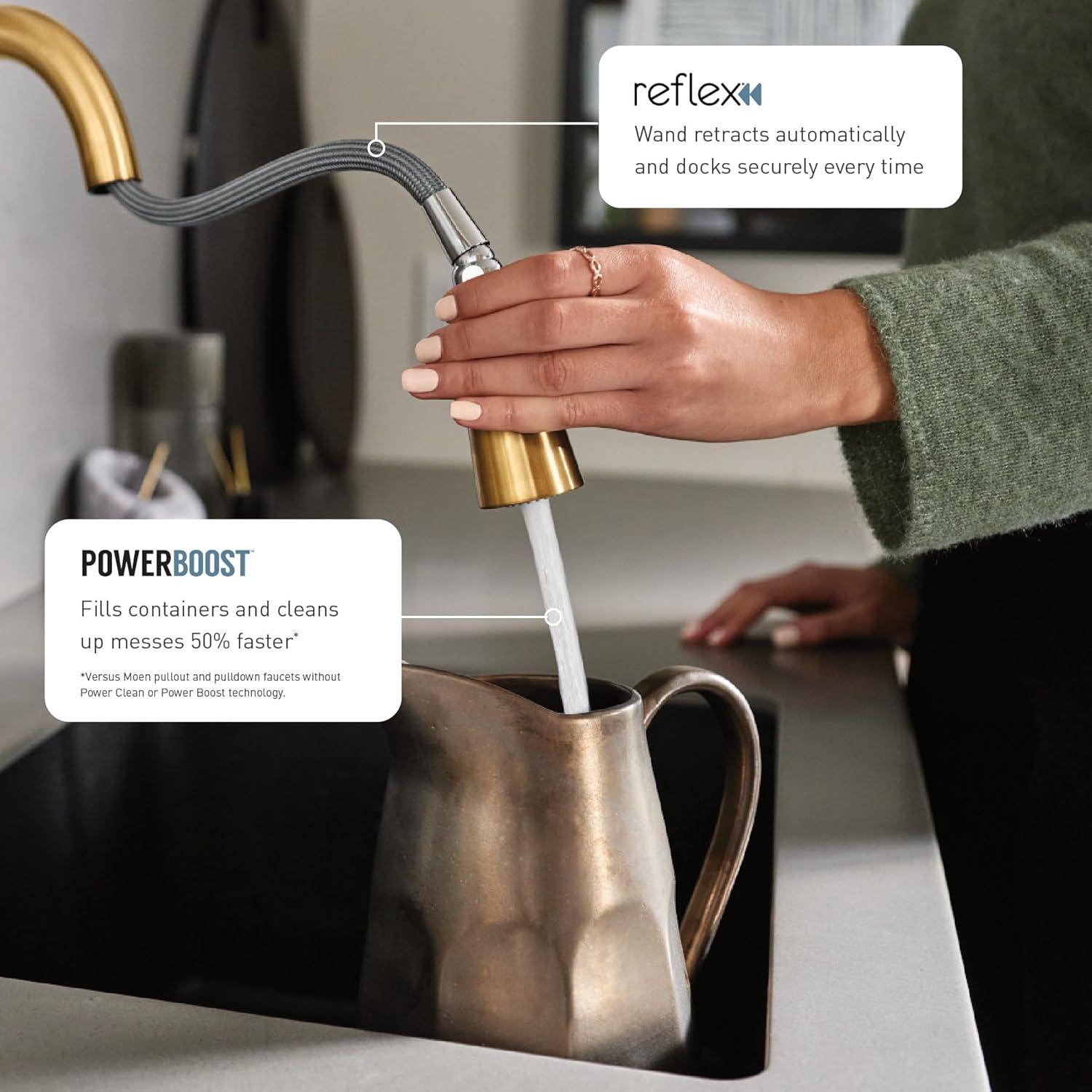 image:imageMoen 7864EVBG Sleek Smart Faucet Touchless Pull Down Sprayer Kitchen Faucet with Voice Control and Power Boost Brushed Gold
