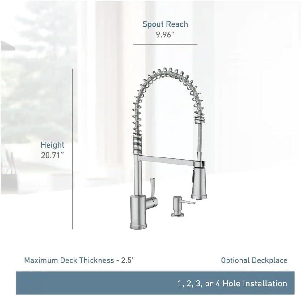 image:imageMoen 87194SRS Indi SingleHandle PreRinse Spring Pulldown Sprayer Kitchen Faucet with Power Clean in Spot Resist Stainless Soap Dispenser and Deck Plate Included