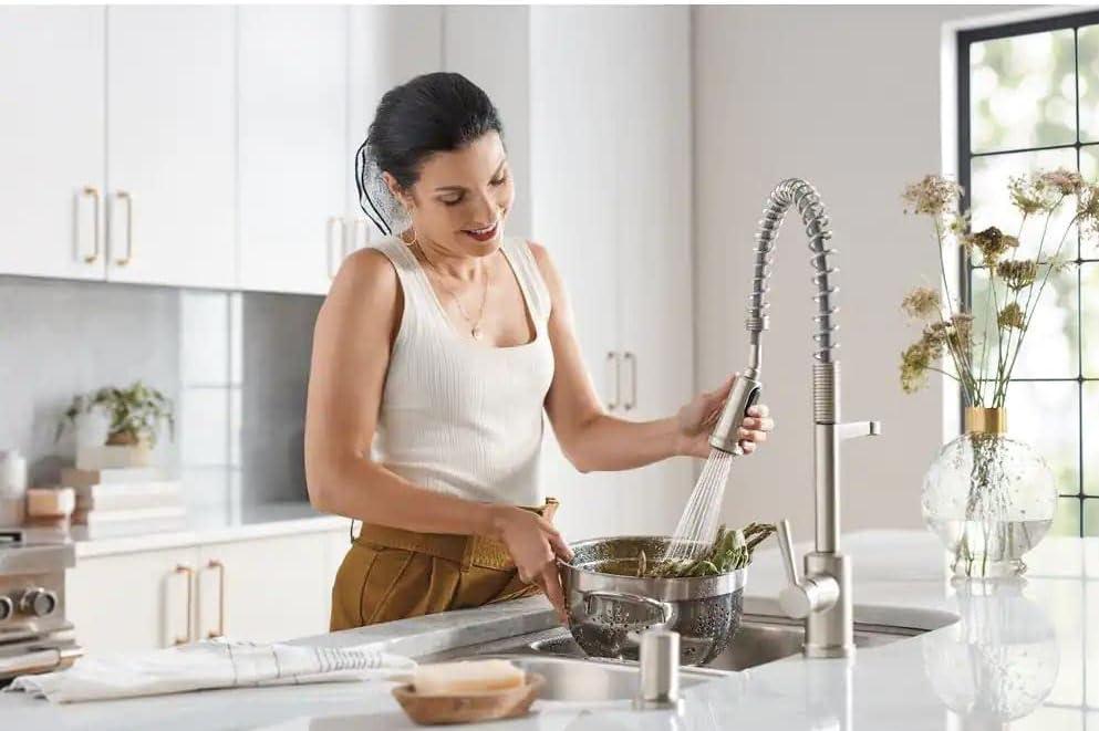 image:imageMoen 87194SRS Indi SingleHandle PreRinse Spring Pulldown Sprayer Kitchen Faucet with Power Clean in Spot Resist Stainless Soap Dispenser and Deck Plate Included