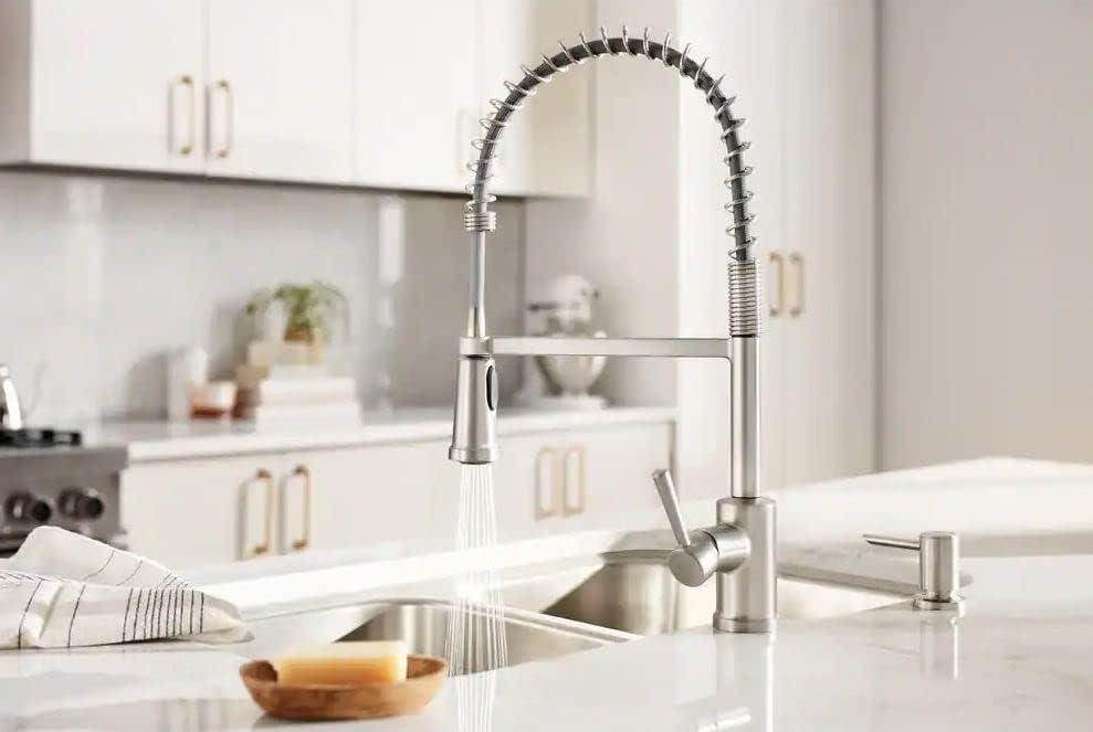 image:imageMoen 87194SRS Indi SingleHandle PreRinse Spring Pulldown Sprayer Kitchen Faucet with Power Clean in Spot Resist Stainless Soap Dispenser and Deck Plate Included