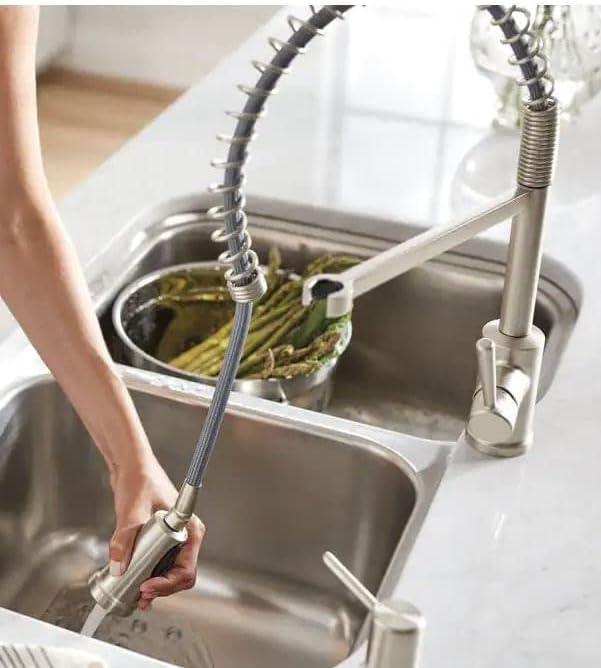 image:imageMoen 87194SRS Indi SingleHandle PreRinse Spring Pulldown Sprayer Kitchen Faucet with Power Clean in Spot Resist Stainless Soap Dispenser and Deck Plate Included