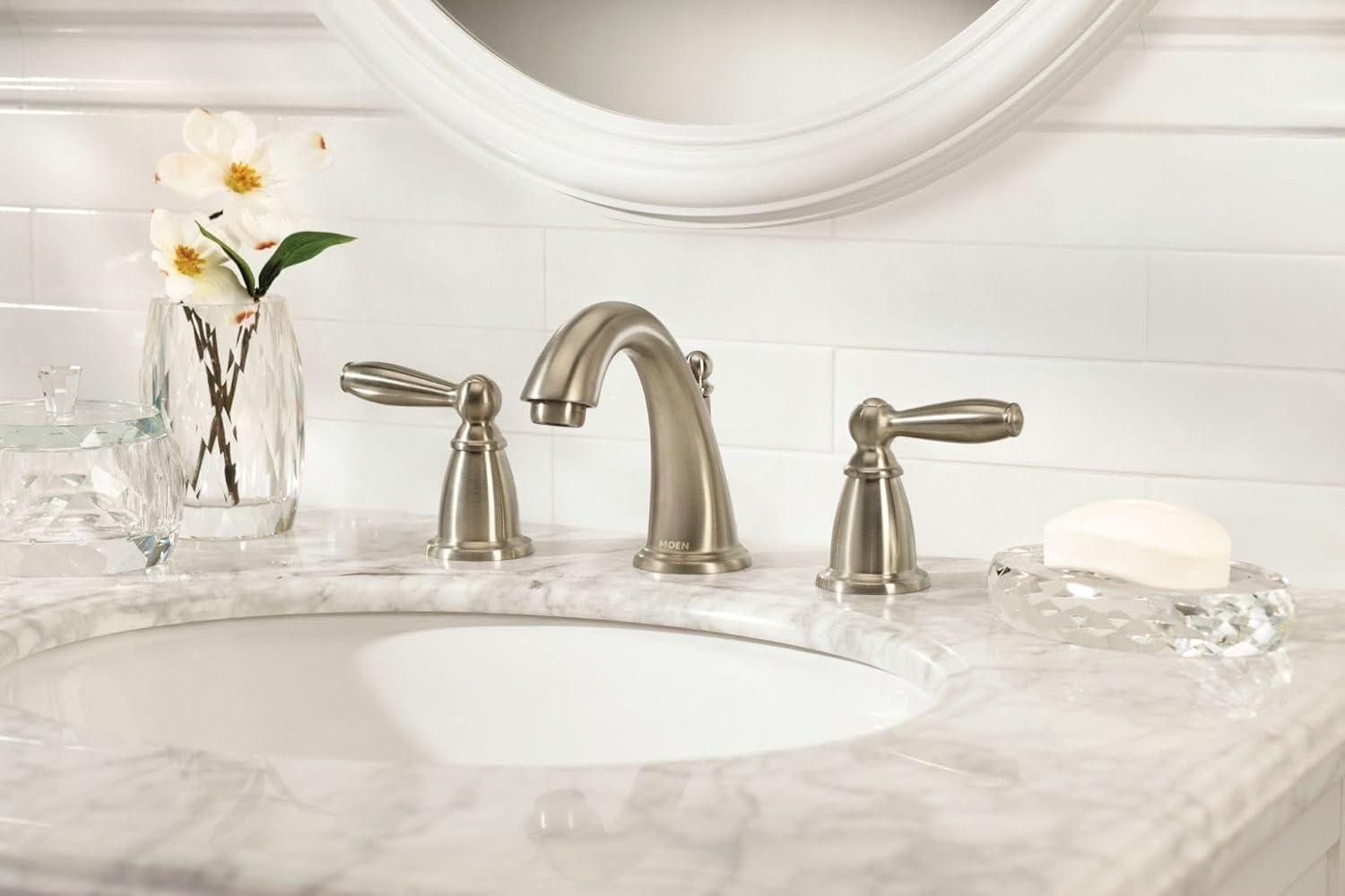 image:imageMoen Brandtford Brushed Nickel TwoHandle High Arc Widespread Bathroom Sink Faucet for 3Hole Setups with Valve Included TV6620BN