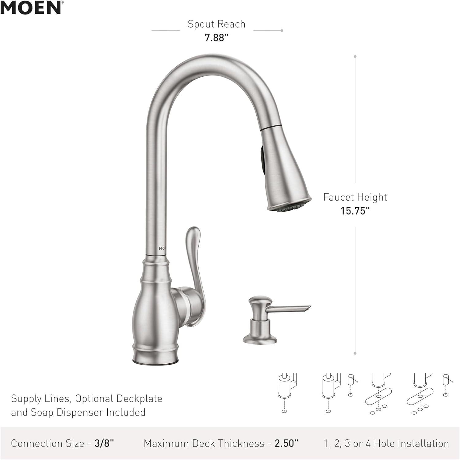 image:imageMoen CA87003SRS Anabelle Single Handle Kitchen Faucet with Pullout Sprayer Featuring Power Clean and Reflex Spot Resist Stainless