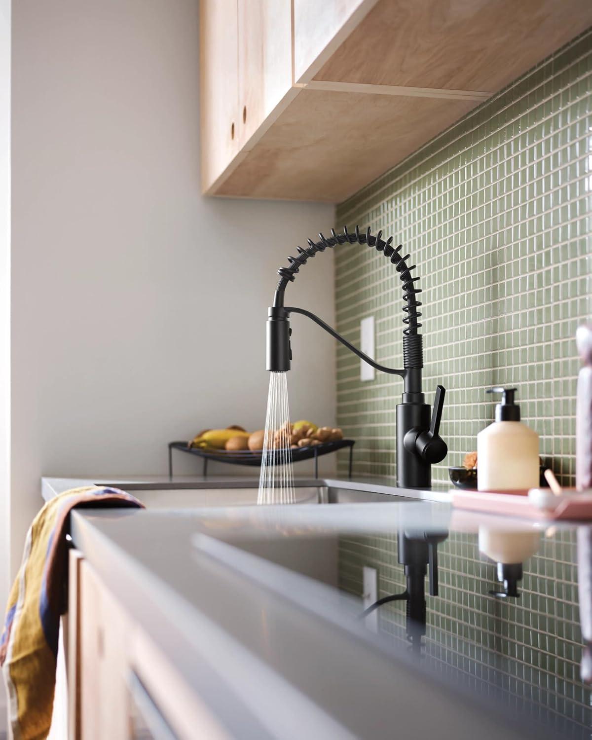 image:imageMoen Genta LX Spring Faucet with Power Boost Modern Kitchen Faucet with OneHandle PreRinse Easy Installation Spot Resist Stainless 5926SRSMatte Black