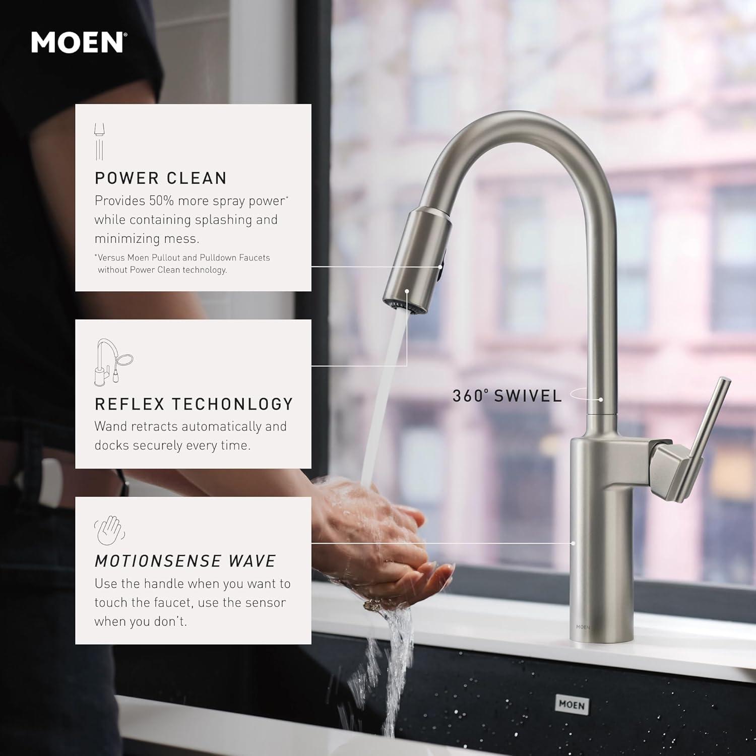 image:imageMoen Inara Spot Resist Stainless MotionSense Wave OneHandle Touchless Kitchen Faucet with Pulldown Sprayer and Power Clean 87463EWSRS
