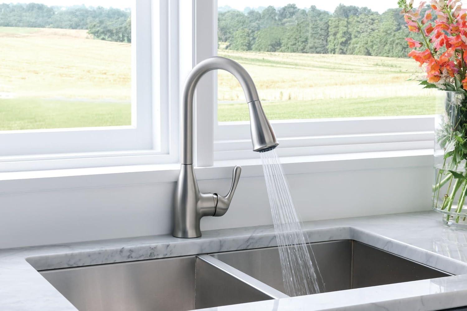 image:imageMoen Kaden Spot Resist Stainless OneHandle Transitional Kitchen Pulldown Faucet with Reflex and Power Clean Spray Technology 87966SRS