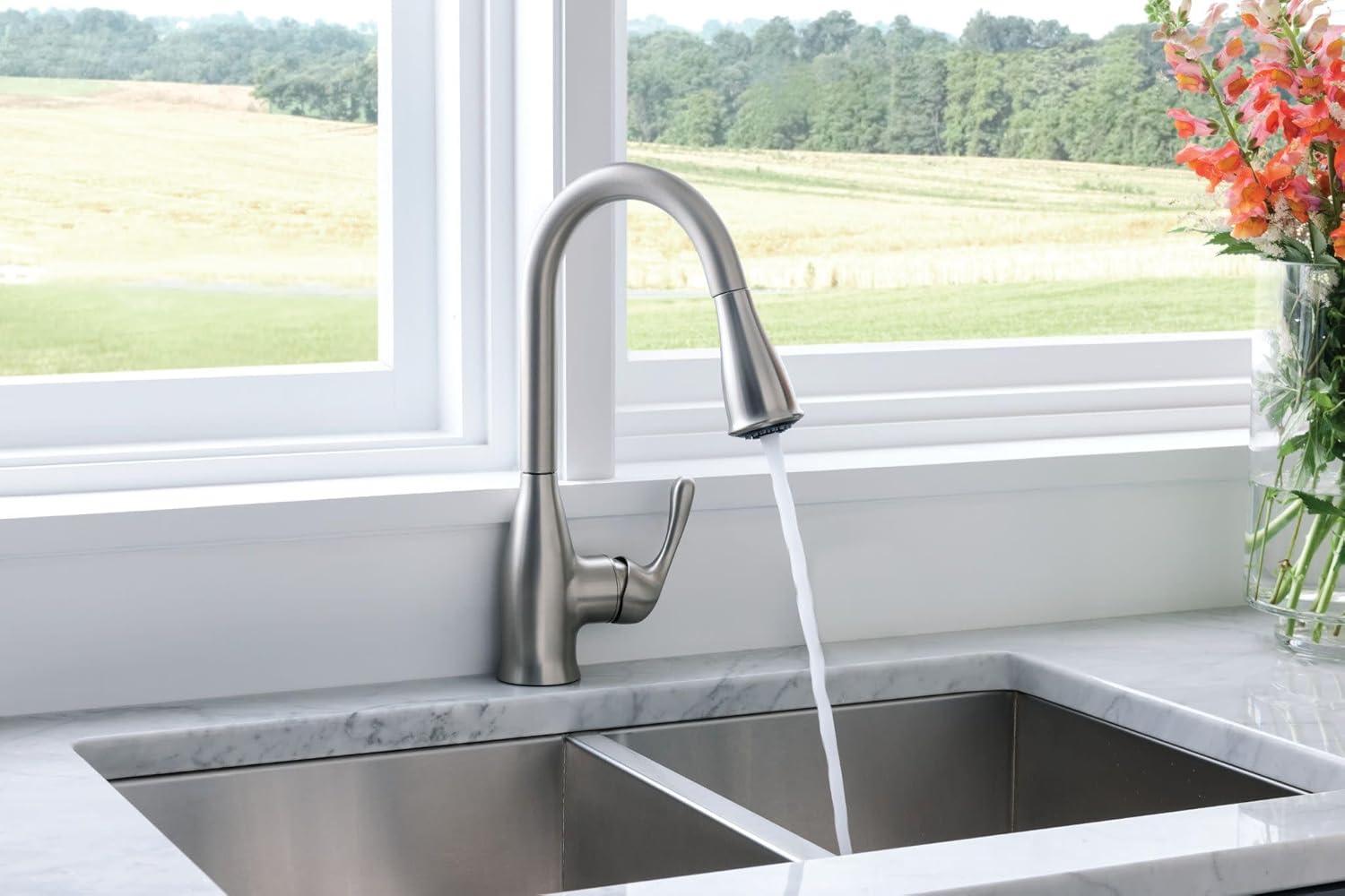 image:imageMoen Kaden Spot Resist Stainless OneHandle Transitional Kitchen Pulldown Faucet with Reflex and Power Clean Spray Technology 87966SRS