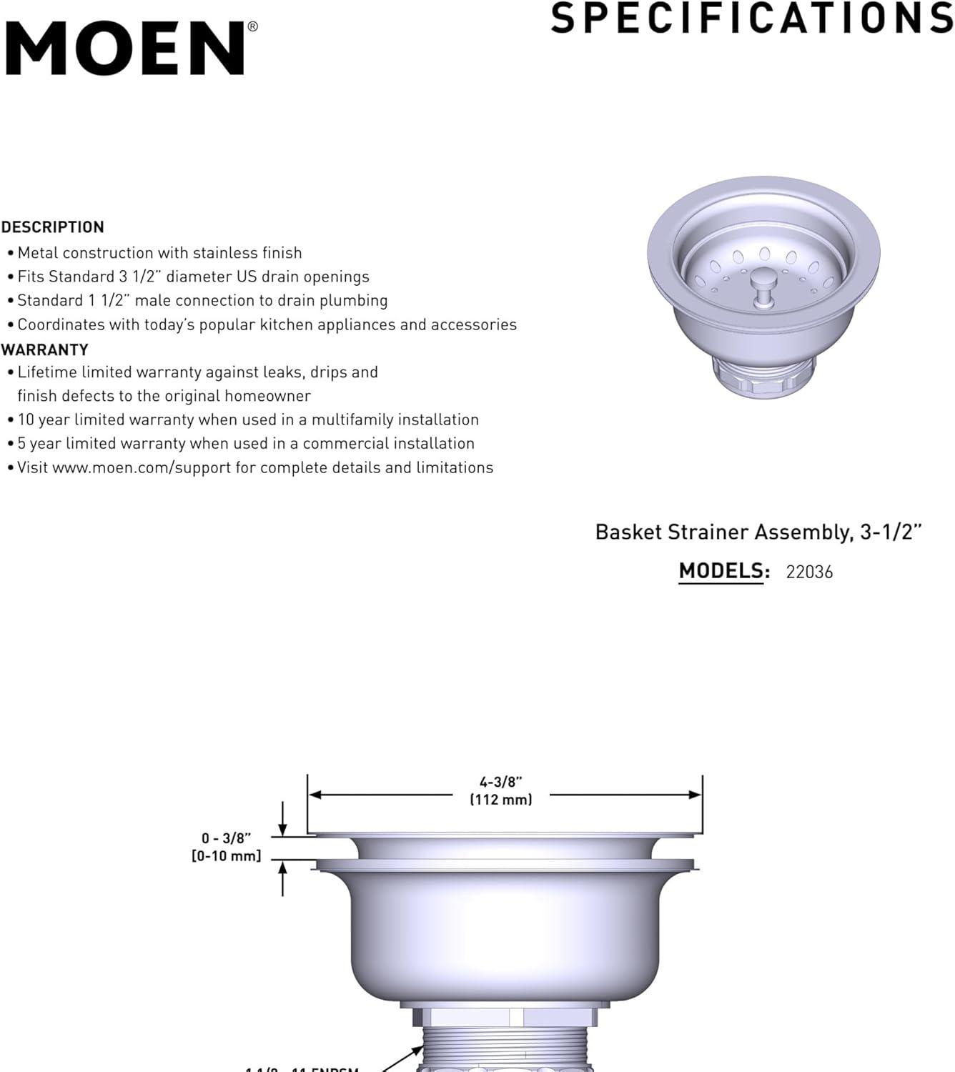 image:imageMoen Kitchen Sink Strainer Basket with Drain Assembly Stainless Steel 22036Stainless
