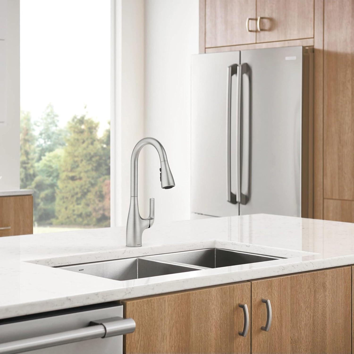 image:imageMoen Leesi Stainless Pulldown Kitchen Sink Faucet with Power Boost Transitional Kitchen Faucet OneHandle Single Hole High Arc Easy Installation Spot Resist Finish 87448SRS