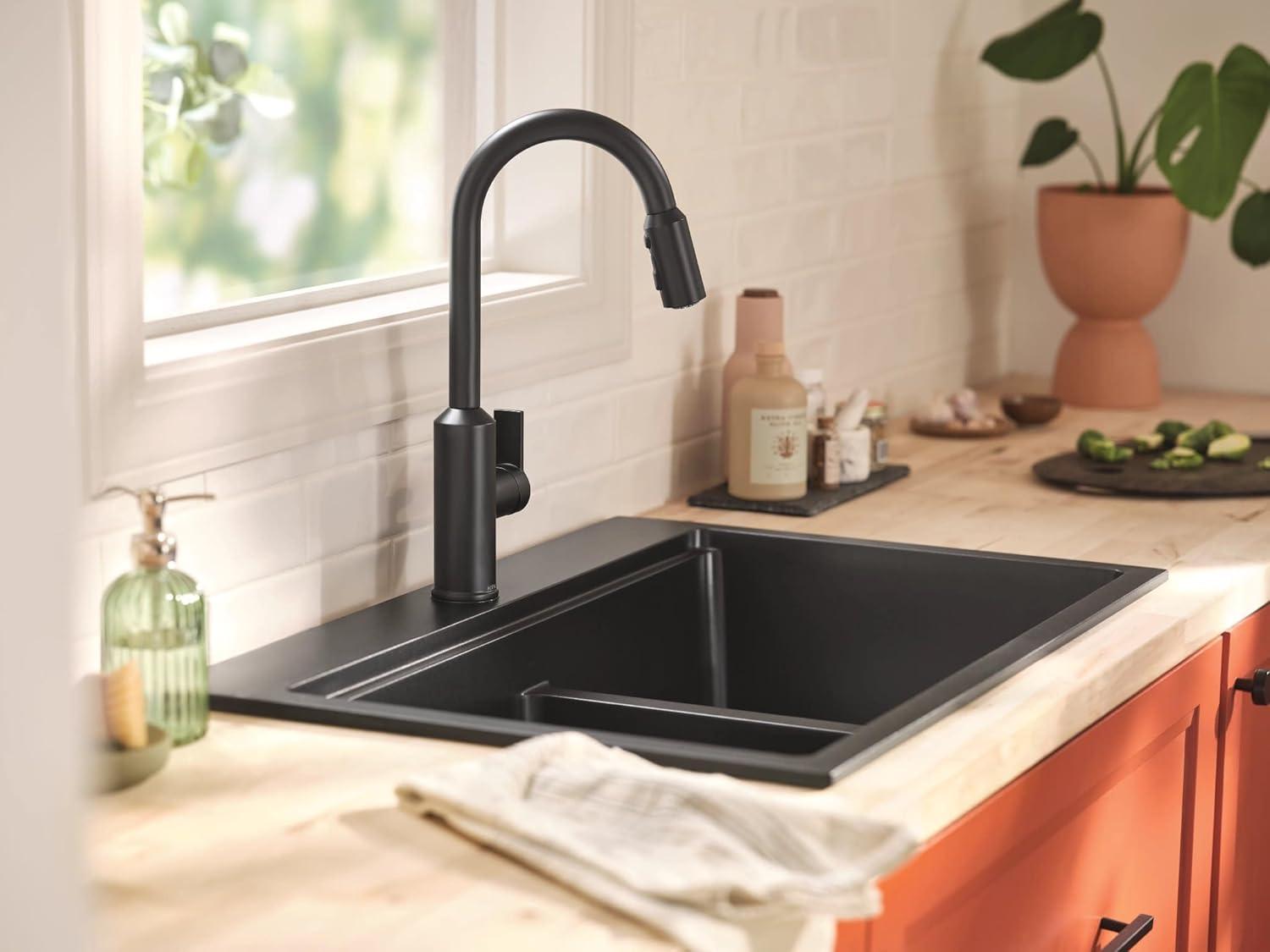 image:imageMoen Meena One Handle Kitchen Faucet with Pull Down Sprayer High Arc Kitchen Sink Faucet Featuring Reflex System and Duralock Quick Connect Matte Black 87270BL
