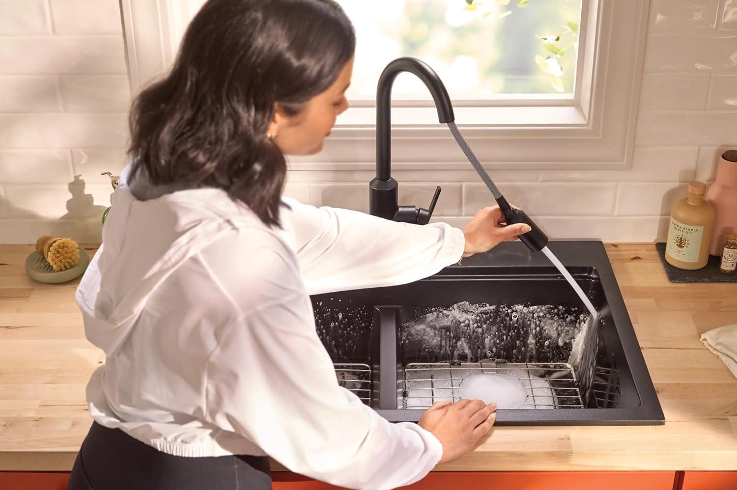 image:imageMoen Meena One Handle Kitchen Faucet with Pull Down Sprayer High Arc Kitchen Sink Faucet Featuring Reflex System and Duralock Quick Connect Matte Black 87270BL