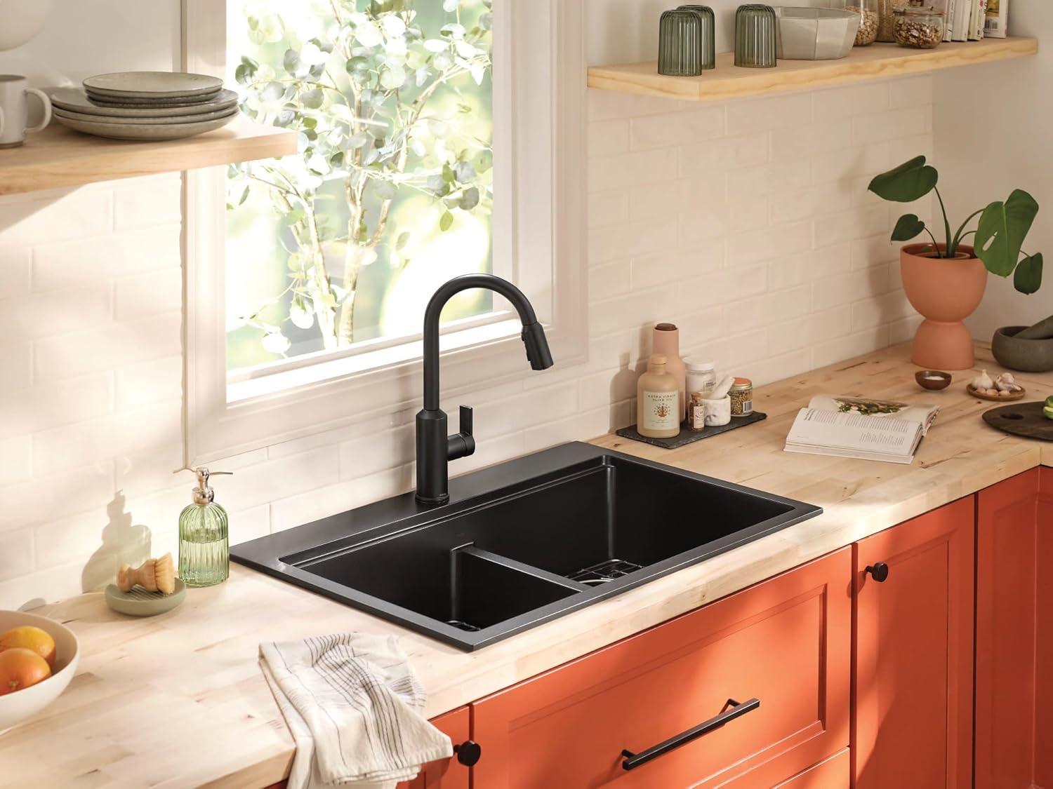 image:imageMoen Meena One Handle Kitchen Faucet with Pull Down Sprayer High Arc Kitchen Sink Faucet Featuring Reflex System and Duralock Quick Connect Matte Black 87270BL
