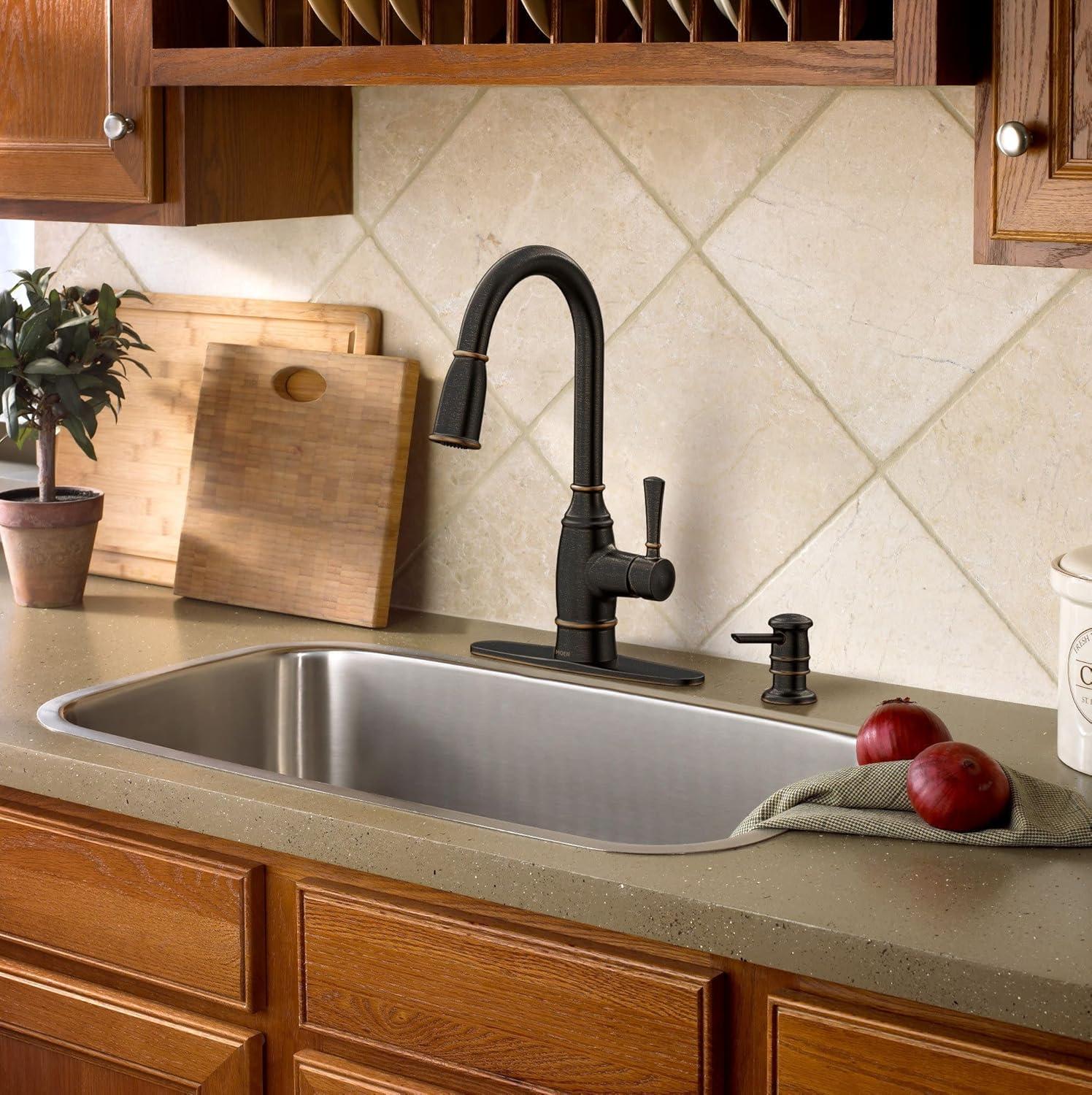 image:imageMoen Noell Mediterranean Bronze PullDown Kitchen Faucet with Soap Dispenser Featuring PowerClean and a Reflex Docking System 87791BRB