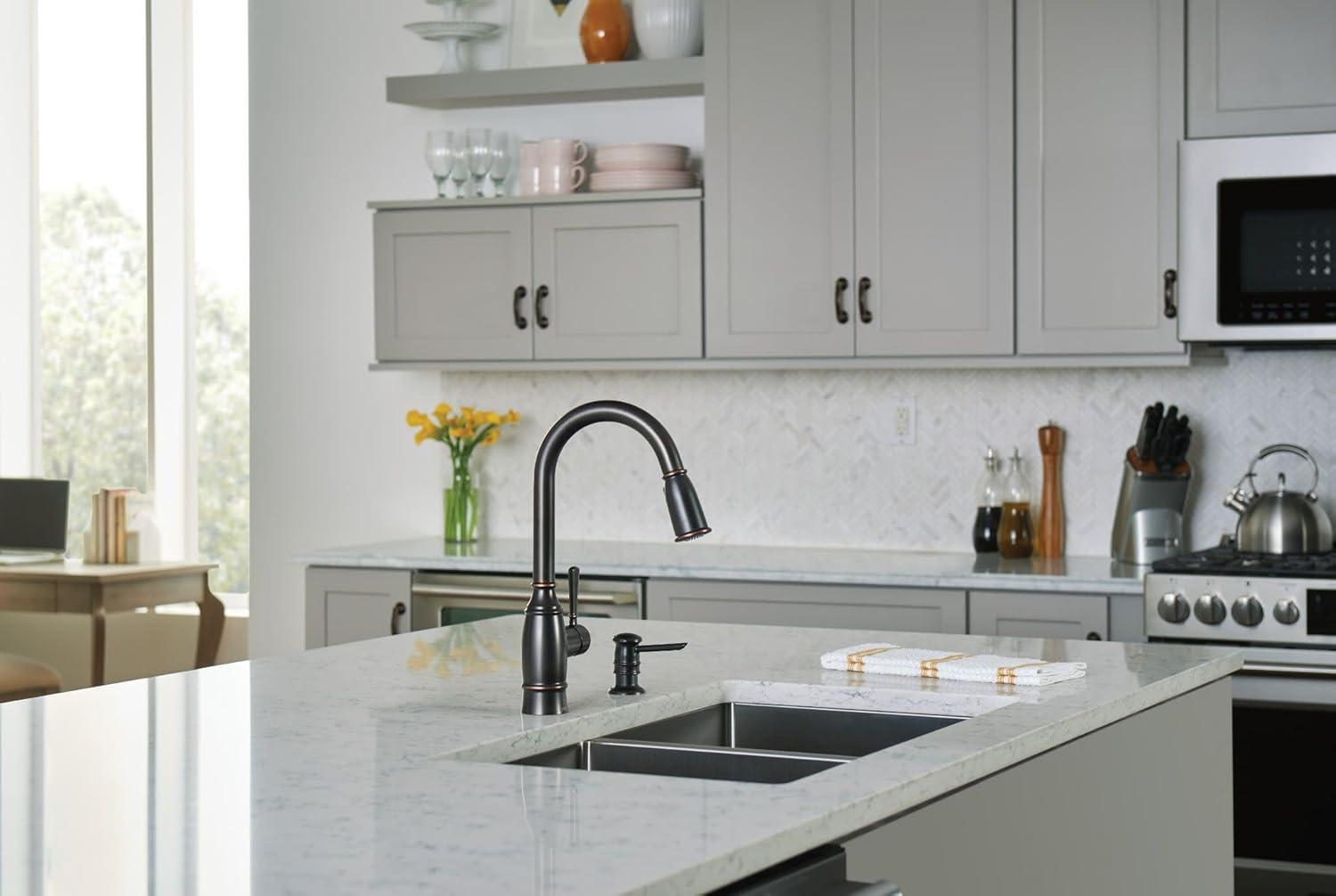 image:imageMoen Noell Mediterranean Bronze PullDown Kitchen Faucet with Soap Dispenser Featuring PowerClean and a Reflex Docking System 87791BRB