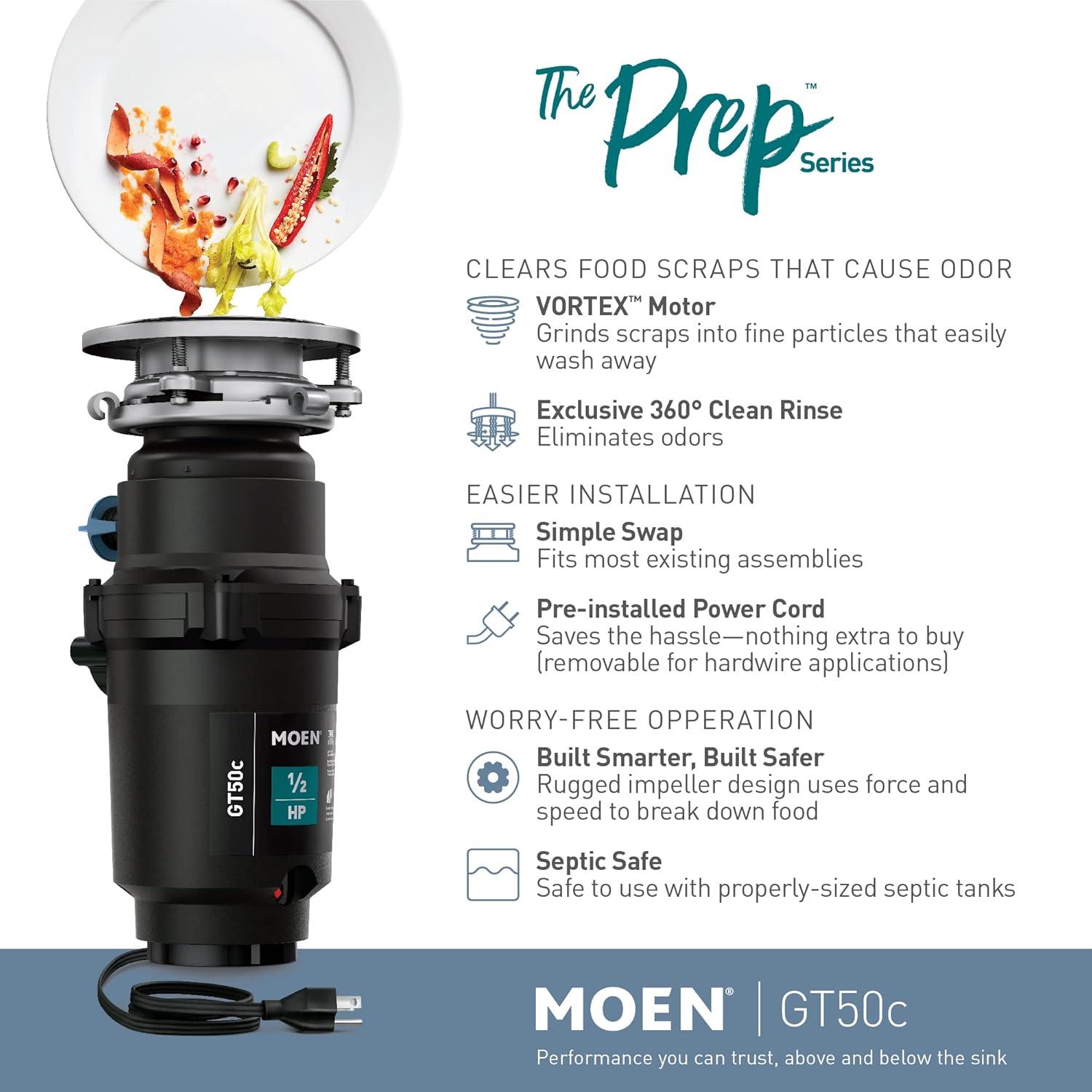 image:imageMoen Prep Series PRO Continuous Feed Compact Garbage Disposal for Kitchen Sink with Power Cord GXP50C05 HP