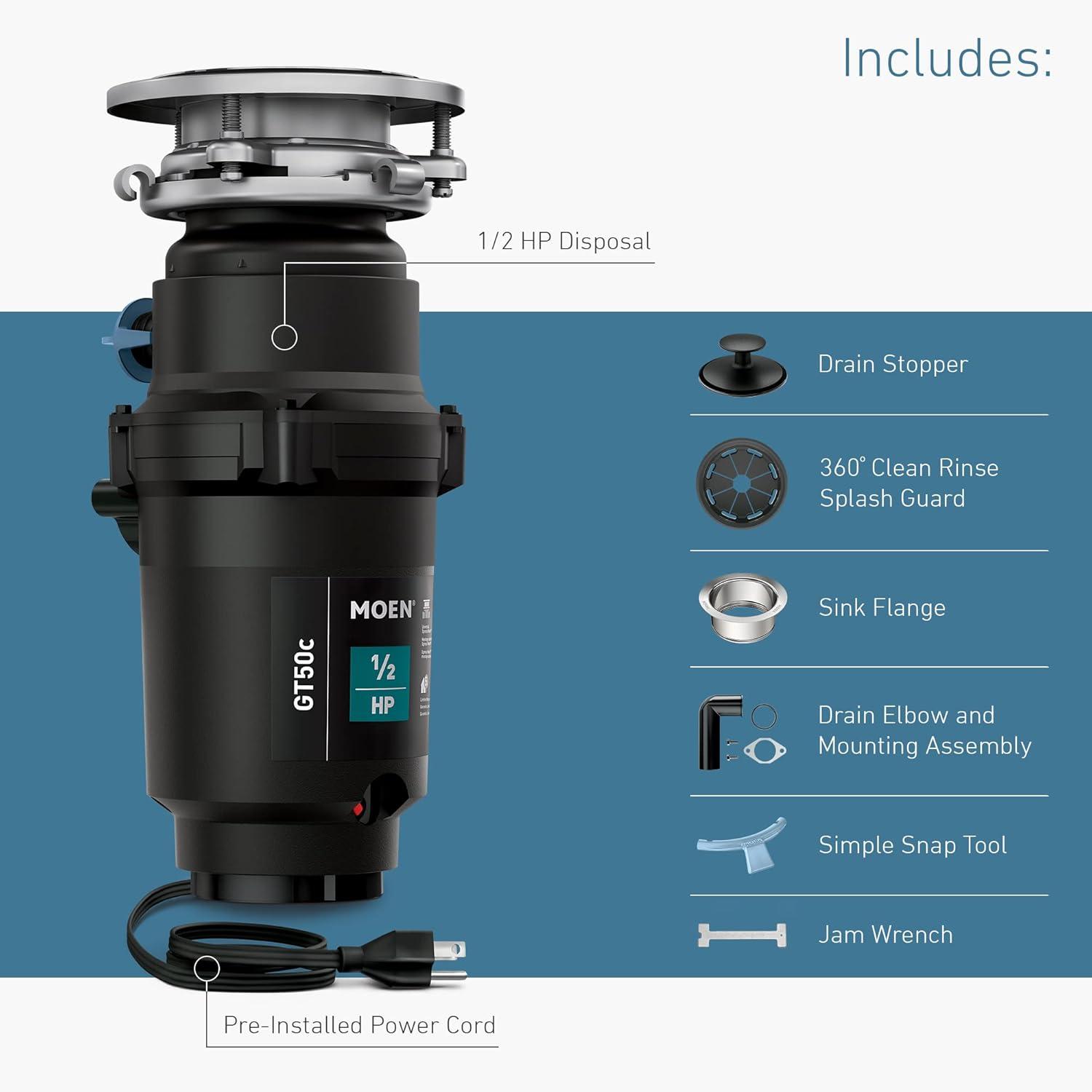 image:imageMoen Prep Series PRO Continuous Feed Compact Garbage Disposal for Kitchen Sink with Power Cord GXP50C05 HP