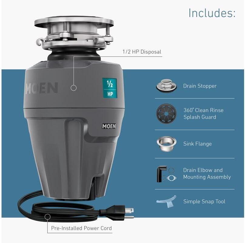 image:imageMoen Prep Series PRO Continuous Feed Compact Garbage Disposal for Kitchen Sink with Power Cord GXP50C05 HP