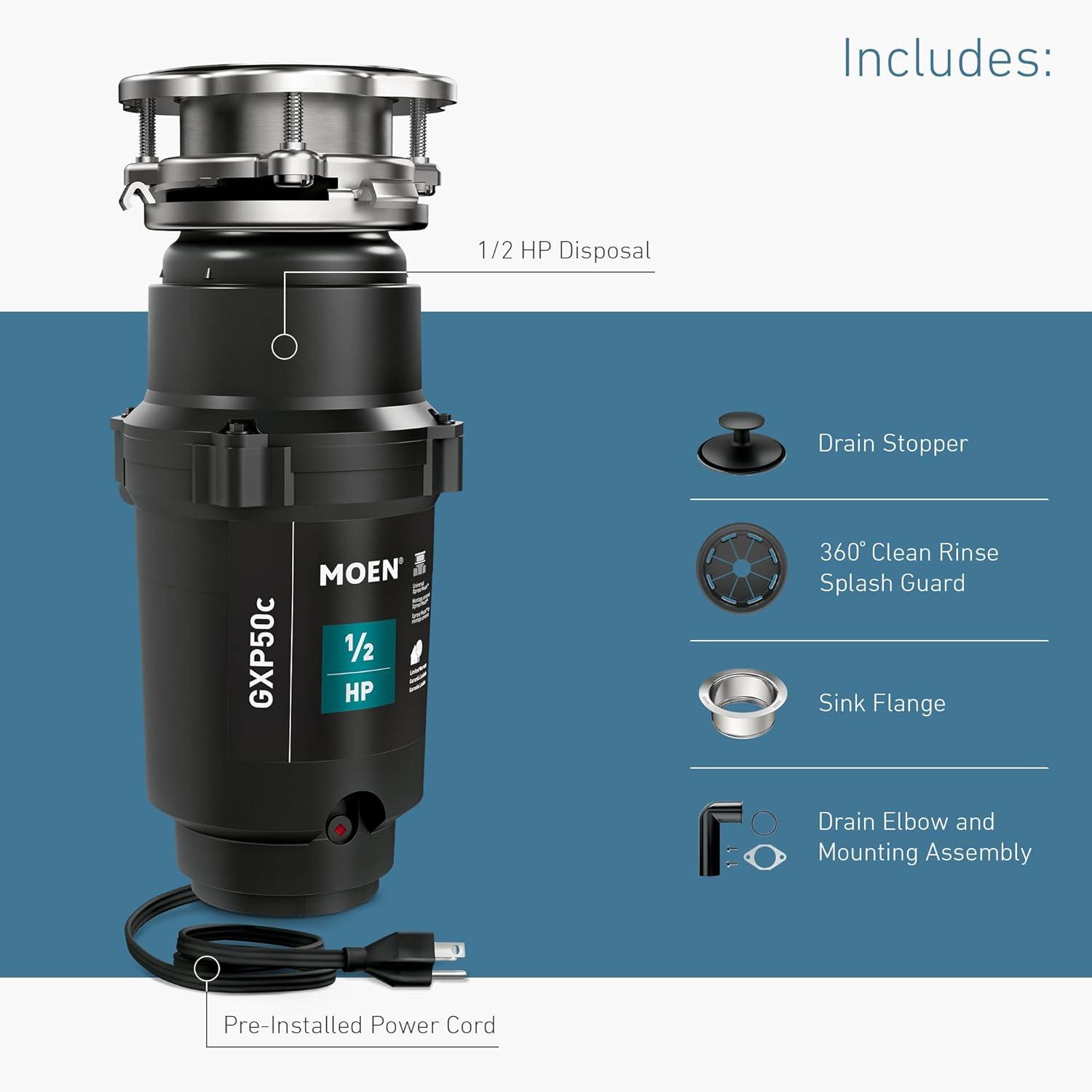 image:imageMoen Prep Series PRO Continuous Feed Compact Garbage Disposal for Kitchen Sink with Power Cord GXP50C05 HP Pack of 2