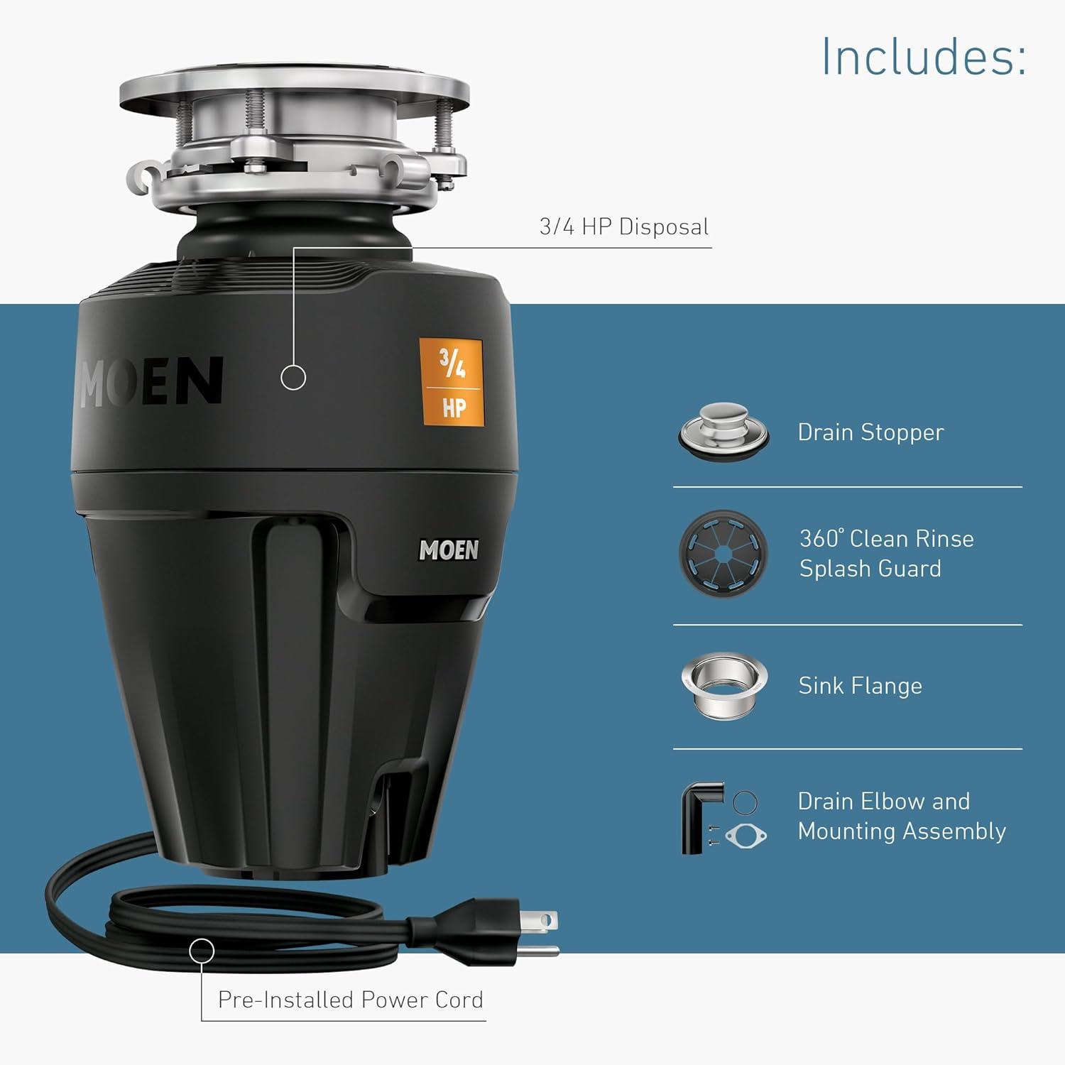 image:imageMoen Prep Series PRO Continuous Feed Compact Garbage Disposal for Kitchen Sink with Power Cord GXP50C34 HP