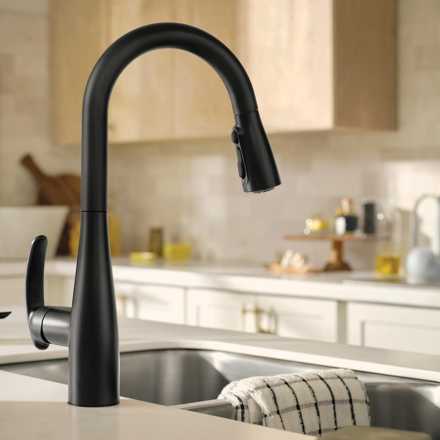 image:imageMoen Reyes Stainless Pulldown Kitchen Faucet with Soap Dispenser and Power Boost Transitional Kitchen Faucet OneHandle High Arc Easy Installation Spot Resist Finish 87932SRSMatte Black