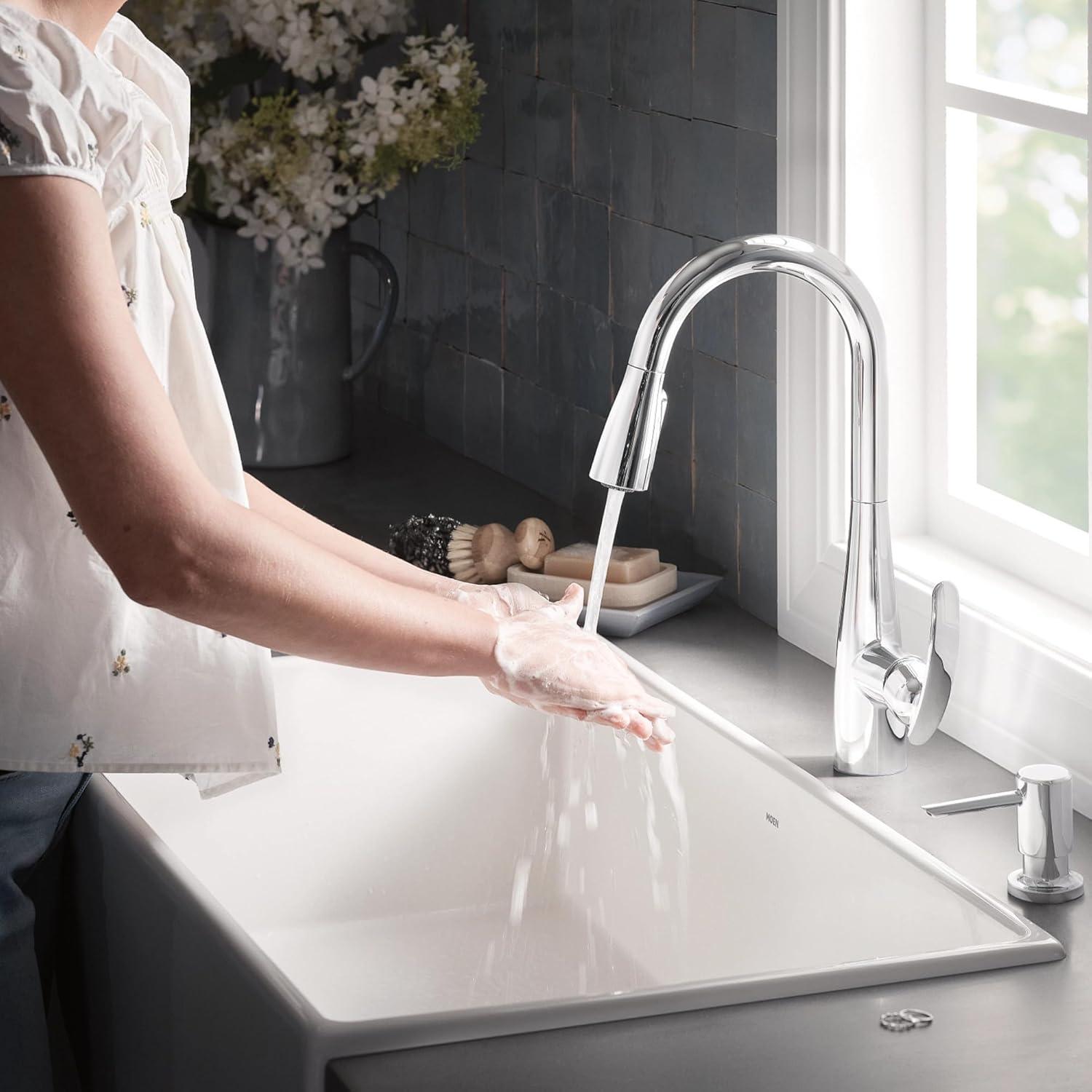 image:imageMoen Reyes Stainless Pulldown Kitchen Faucet with Soap Dispenser and Power Boost Transitional Kitchen Faucet OneHandle High Arc Easy Installation Spot Resist Finish 87932SRSChrome