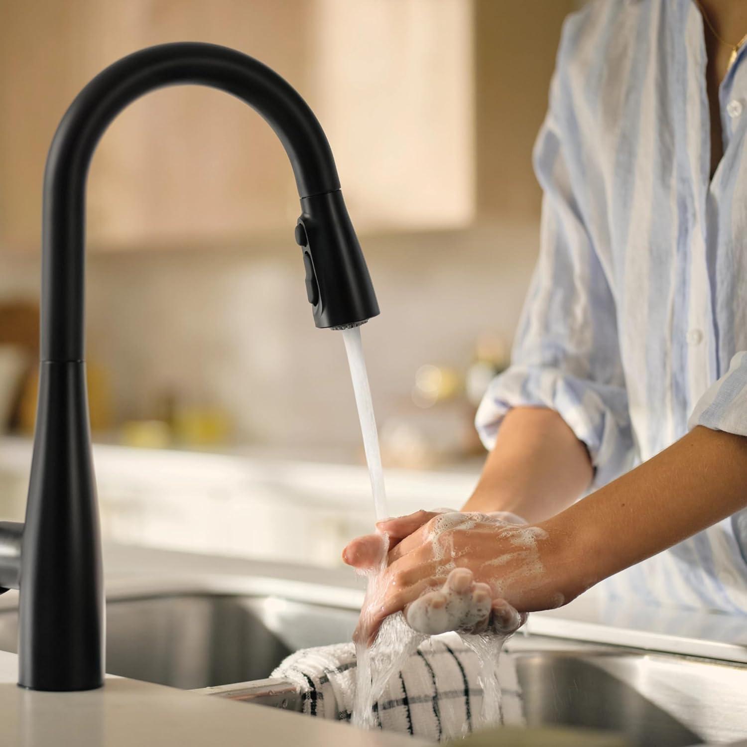 image:imageMoen Reyes Stainless Pulldown Kitchen Faucet with Soap Dispenser and Power Boost Transitional Kitchen Faucet OneHandle High Arc Easy Installation Spot Resist Finish 87932SRSMatte Black